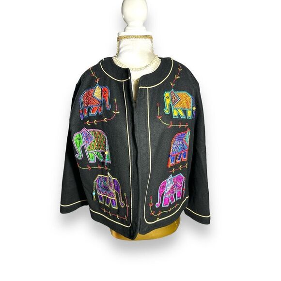 Vintage YakMagik Womens Wool Embroidered Patchwork Elephant Stitched Blazer sz S - Picture 2 of 6